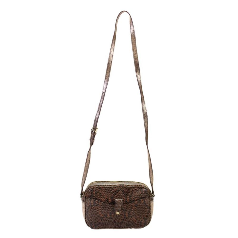 Gilt Womens Leather Snakeskin Zip Up Crossbody Handbag Brown Gold
